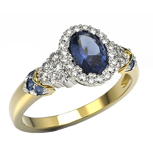 Ring i 14k guld med 7 safirer 1-02ct och 32 diamanter 0-32ct