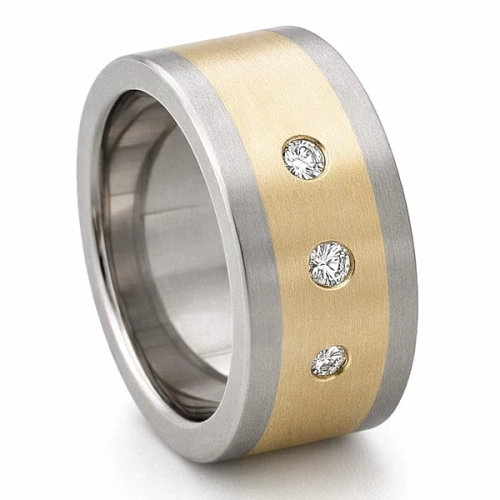 Vigselring i titan och gulguld med 3 diamanter 10 mm